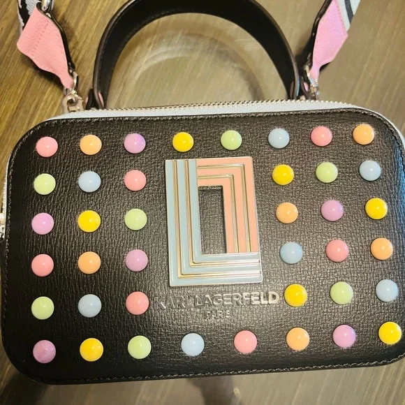 Karl Lagerfeld Black Bag with Multicolor Studs with BONUS bag - Picture 10 of 11